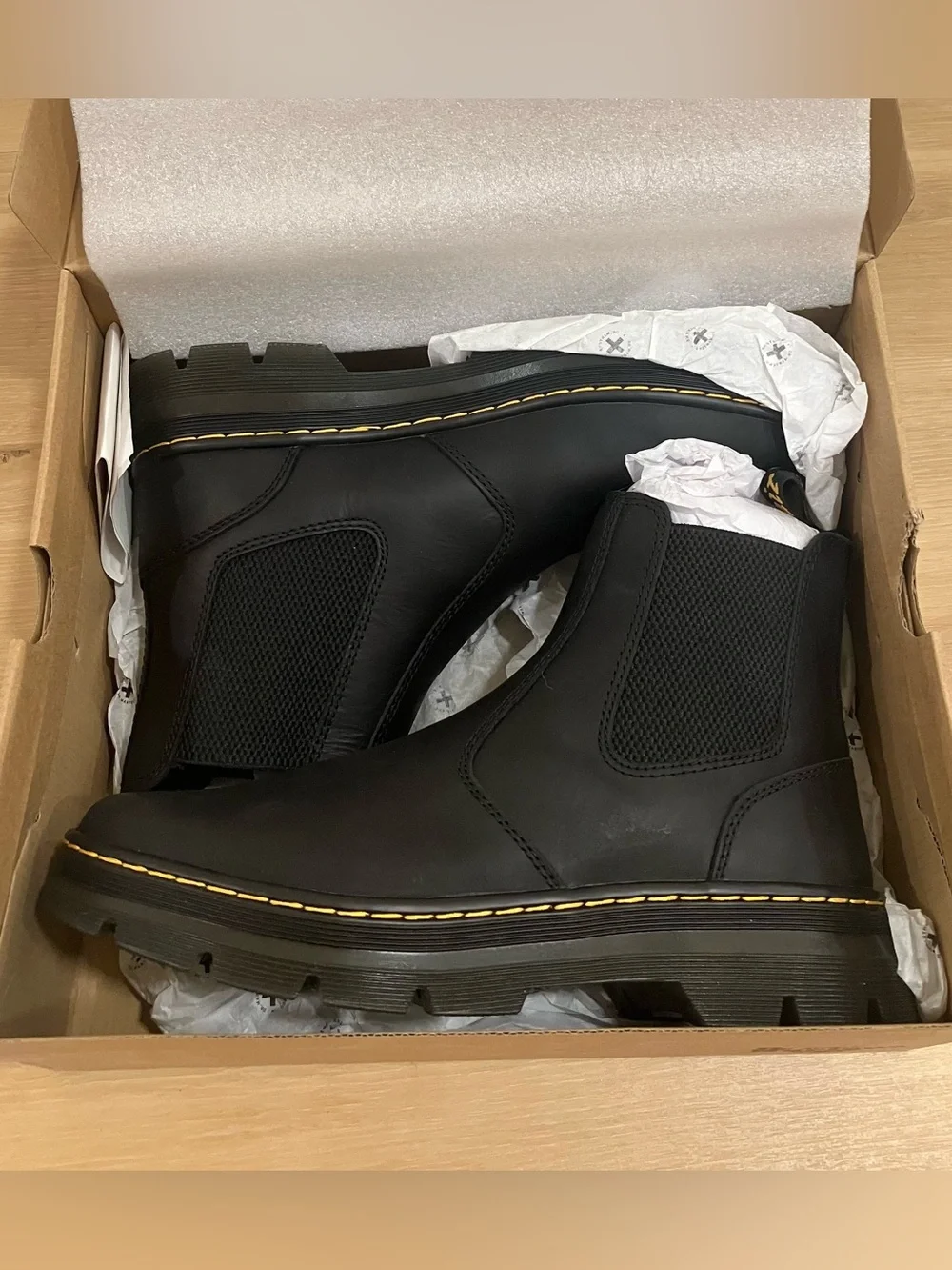 NIB Dr. Martens Black Chelsea Platform Boots with Yellow Stitching